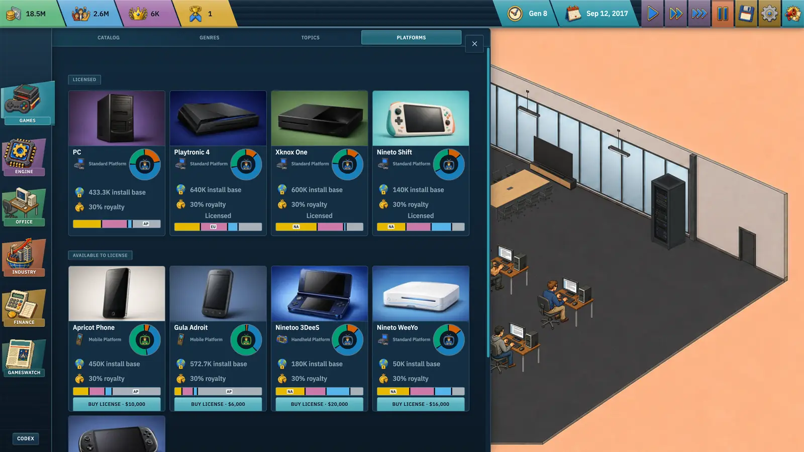 Katalog platforem v Game Dev Dynasty pro kariéru od roku 1995 do roku 2019