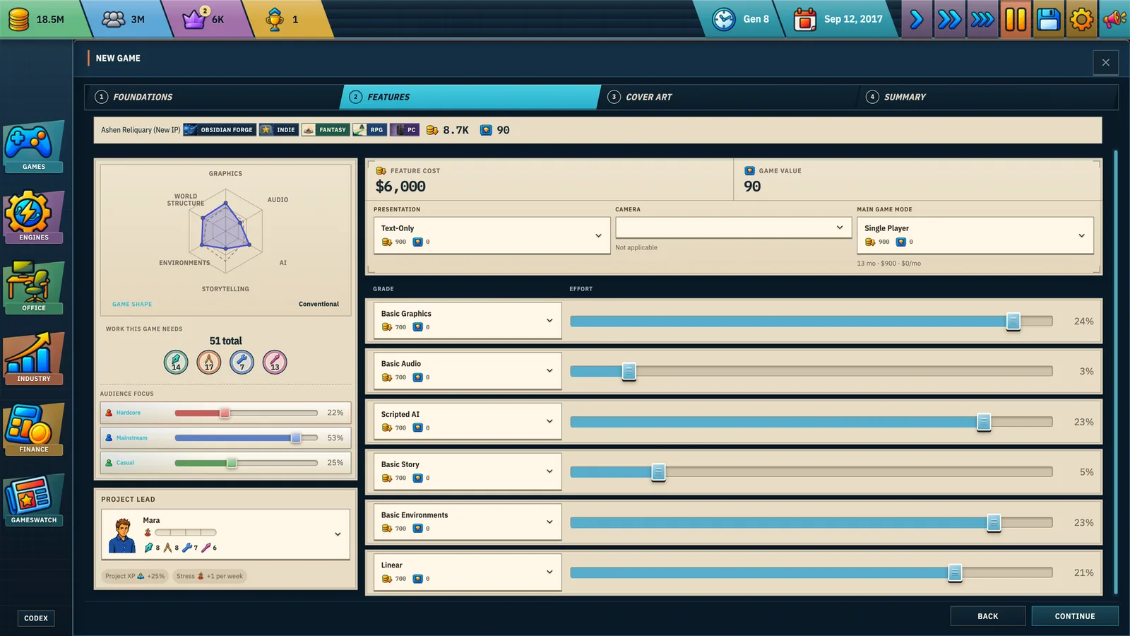 Game Dev Dynasty project planning with feature effort and audience focus controls